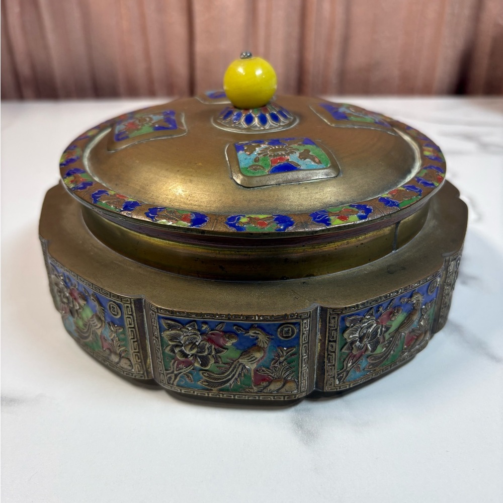 Vintage Chinese Brass Cloisonne Enamel Champleve Round Box